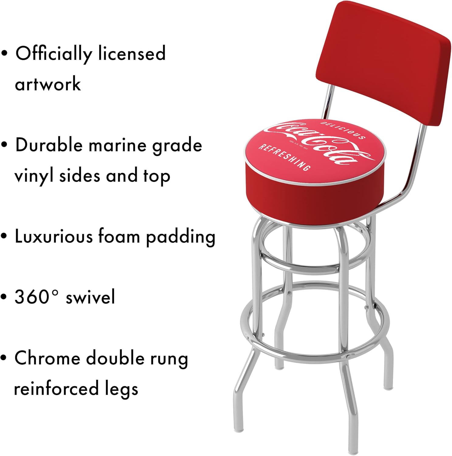 Bar Stool - Coca-Cola Vintage Stool with Foam Padded Seat and Back - Swivel Chair for Game Room, Garage, or Home Bar by Trademark Gameroom