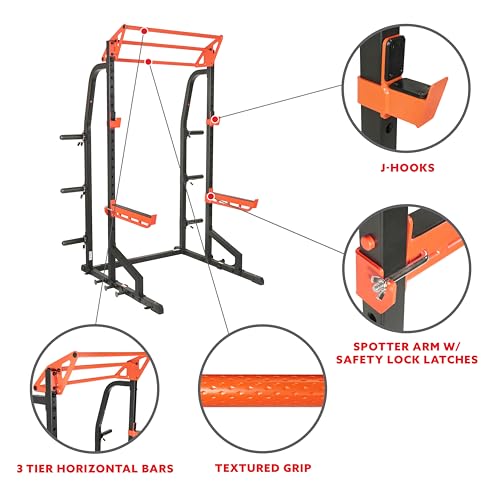 Sunny Health & Fitness Power Zone Half Rack Heavy Duty Performance Power Cage with J-Hooks, Adjustable Pull Up Bar Optional Bench with Dumbbell Rack, Premium Incline Bench, LAT Pull Down Attachment