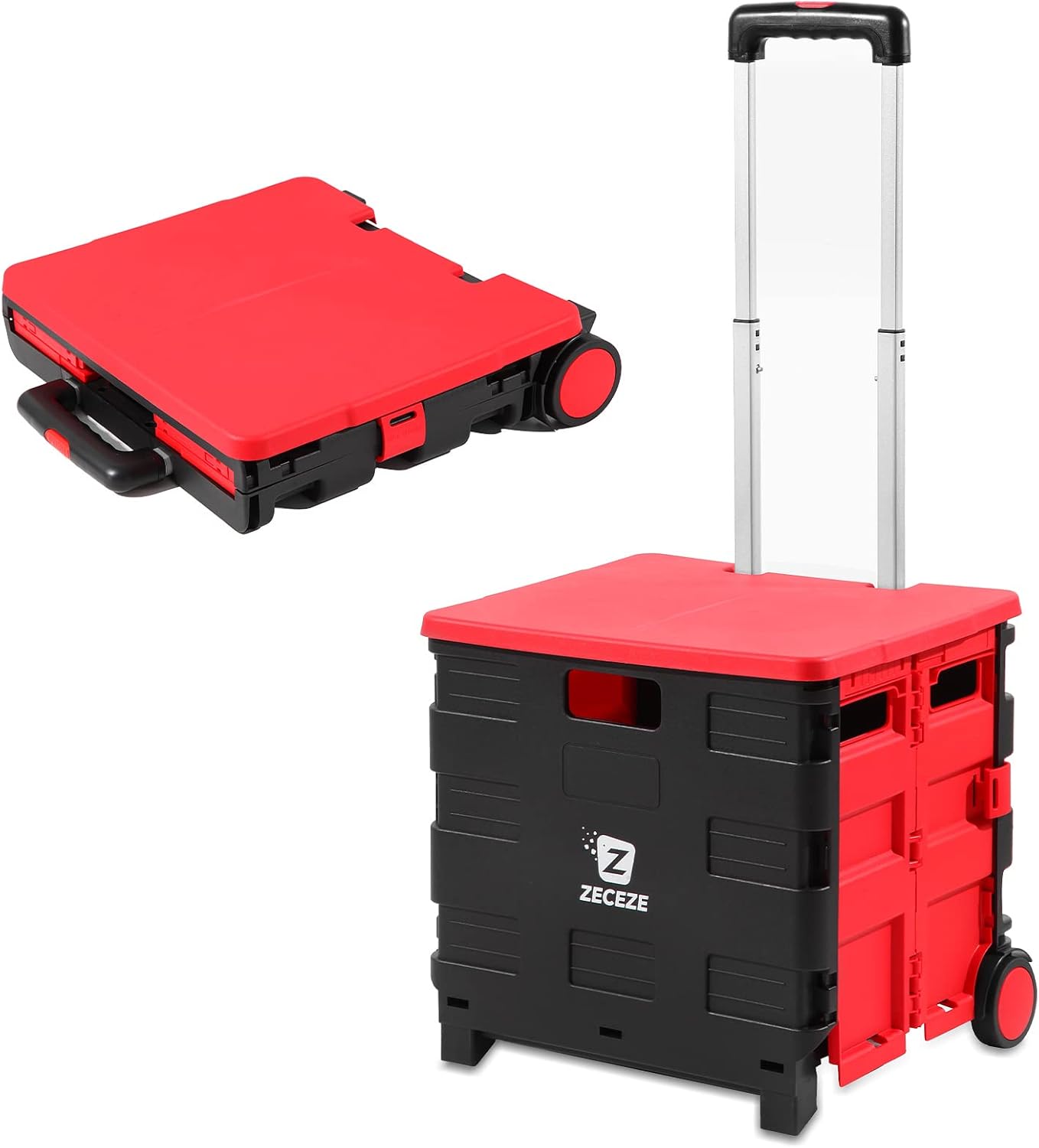 Rolling Cart for Teachers ZECEZE Rolling File Box,Collapsible Utility Mobile Folding Cart with Wheels and Handle,Portable Rolling Crate with Lid for Outdoor, Tools, Trunk, Picnic (Black-Red)