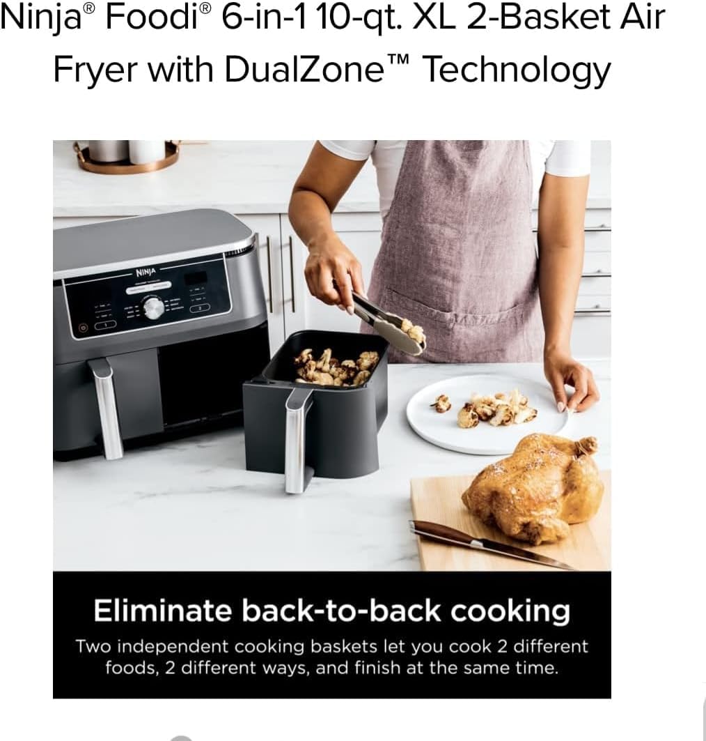 Ninja AD350CO 6in1 10qt. XL 2Basket Digital Air Fryer - Family-Sized, Dehydrate Function, Time-Saving Kitchen Marvel