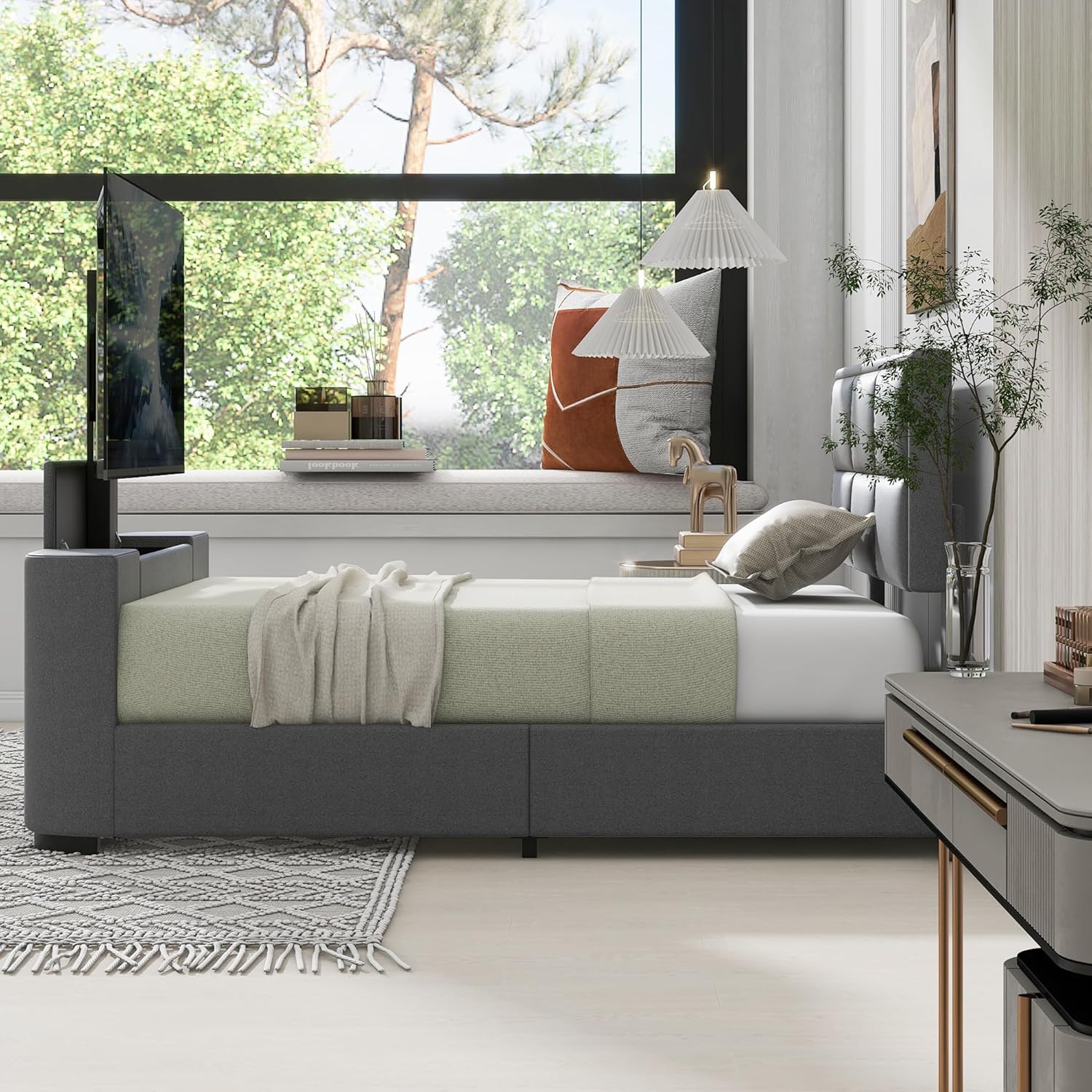 Queen Size Upholstered Platform Bed with Telescopic TV Stand, Modern Solid Wooden Bedframe with Adjustable Headboard & Support Legs, Media Storage Design, No Box Spring Needed, Gray