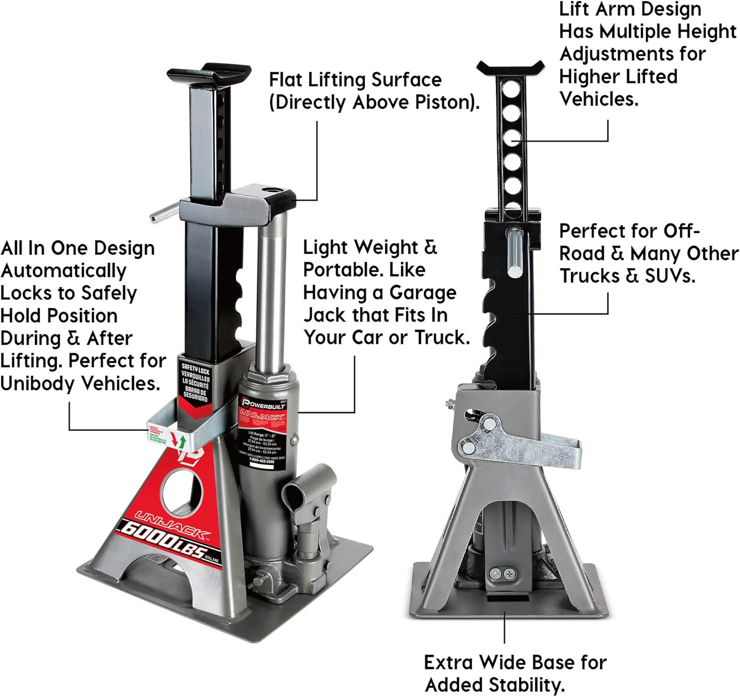 Powerbuilt 2 Ton UniJack Combination Hydraulic Bottle Jack / Jackstand in 1 Unit, Compact, Portable, Wide Base, for Unibody Sedans, CUVs, SUVs, Cars, - 620470