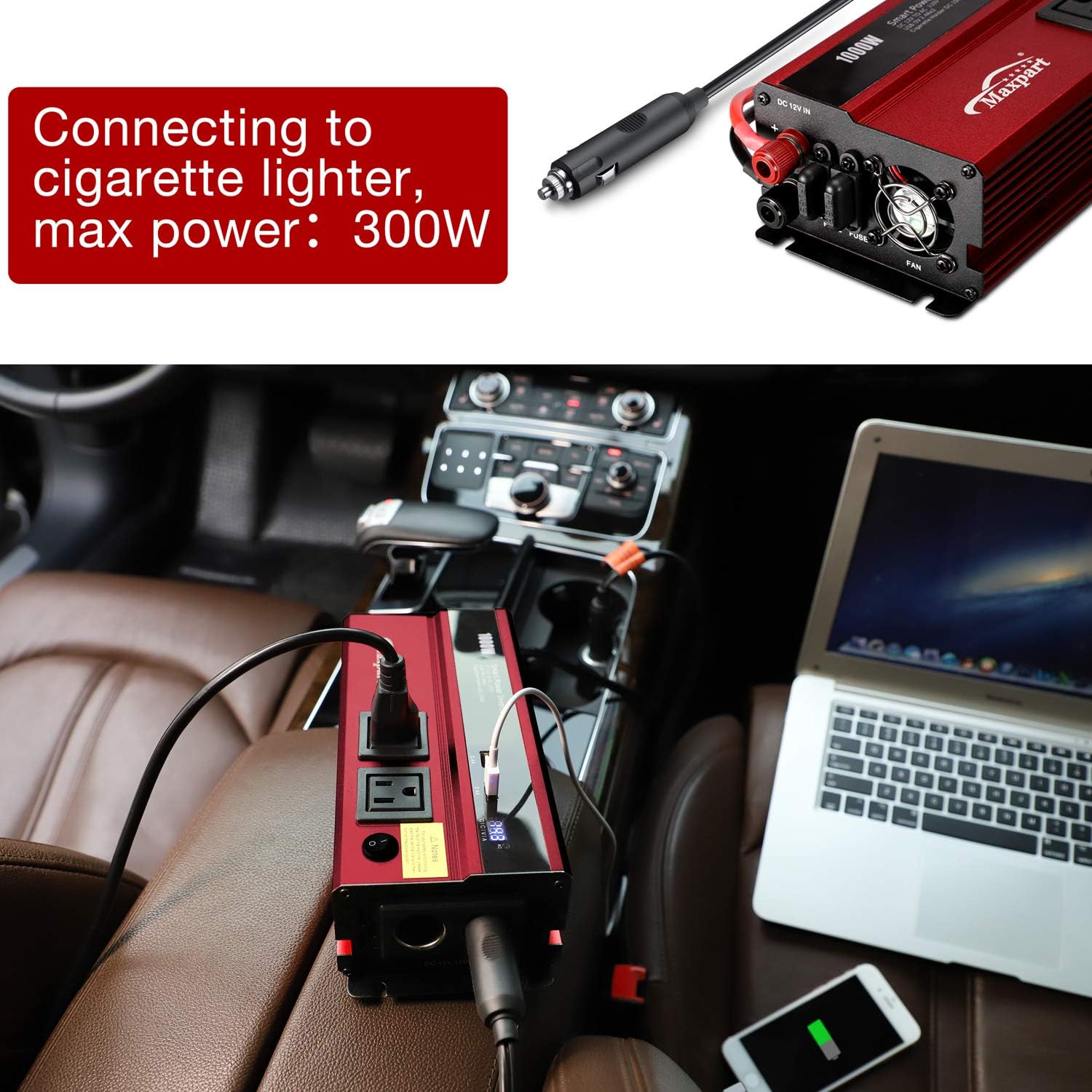 Maxpart 1000W Power Inverters,Car Power Inverter 1000W Inverter 12v to 110v AC Converter with Dual AC Outlets 2.4A USB Inverter and Dual 12V Car Cigarette Lighter for Truck/RV Power Converter Car Pack of 2