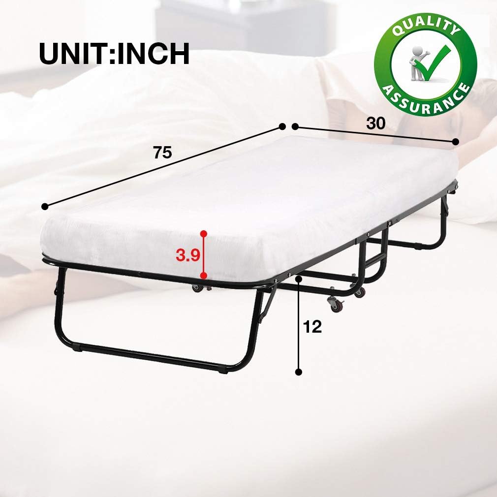 Folding Guest Bed with Wheels Portable Camping Cot Guest Beds Portable Beds Extra Roll Away Foldaway 3.9 Inch Comfort Foam Mattress Strong Sturdy Frame Heavy Duty L75W30H12 Inches，White