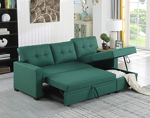 L-Shape Sofa Sectional Convertible Sleeper with Storage Chaise and Pull-Out Bed, Linen Upholstered Reversible Corner 3 Person Couch, for Living Room, Apartment, 82" Green, 82inch