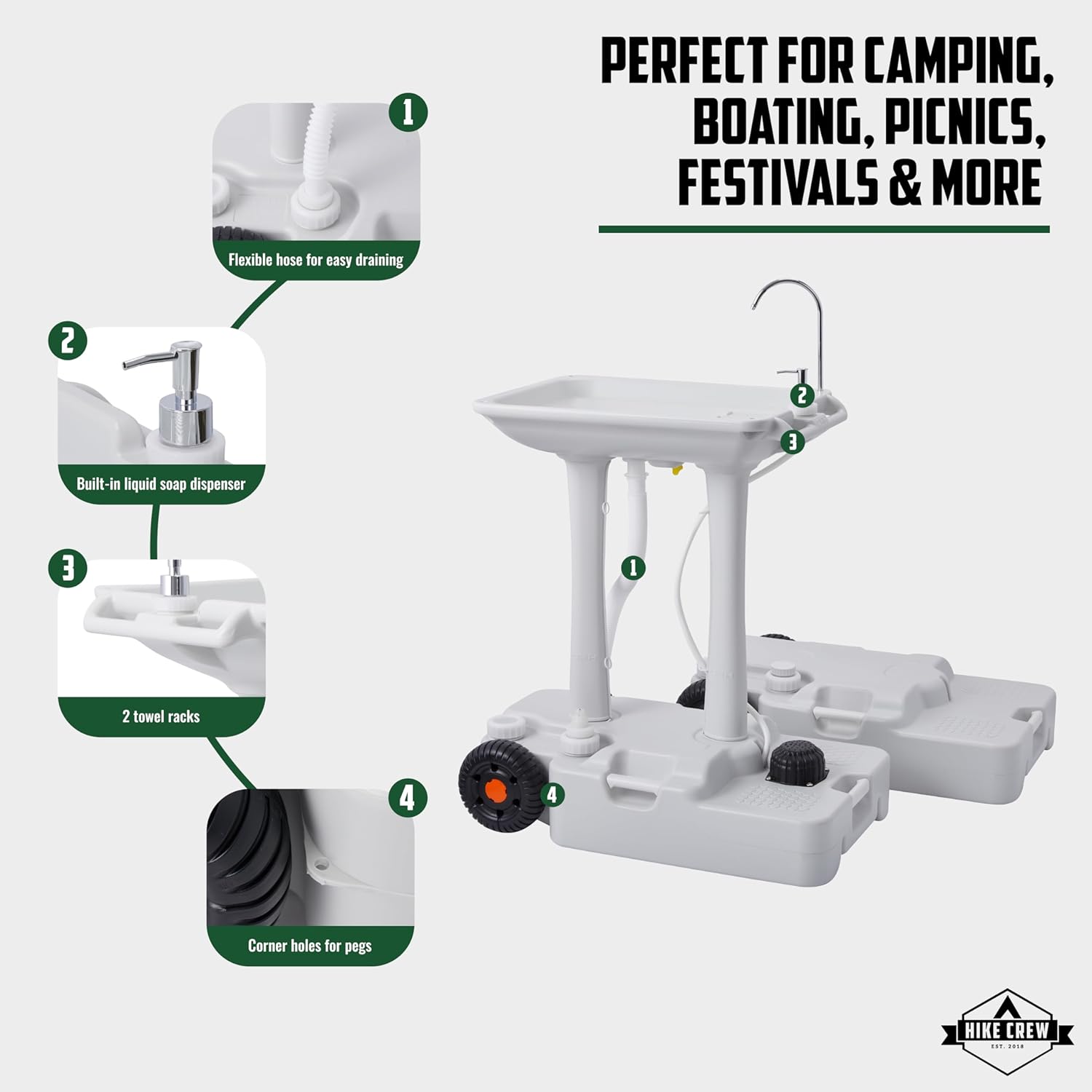 Hike Crew XL Portable Camping Sink & Waste Tank | Extra Large Hand Washing Station with 8 Gal Capacity, Hands-Free Foot Pump, Faucet, Soap Dispenser & Towel Rack | Includes 10 Gal Travel Waste Tank
