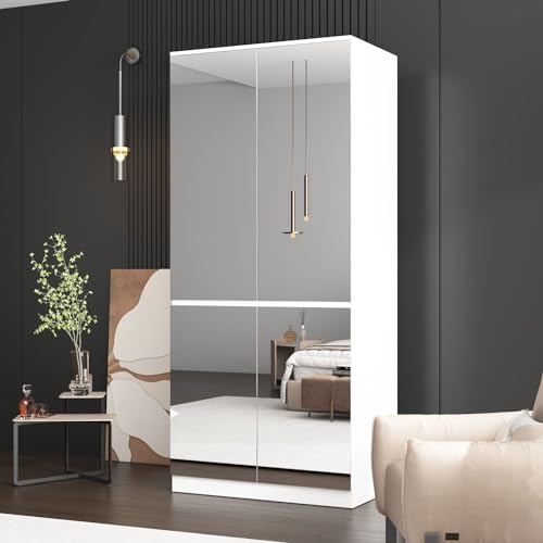 FAMAPY 4 Door Wardrobe Closet with Mirrors, Armoire Wardrobe Closet with Hanging Rod, Mirrored Armoire for Bedroom White (31.5”W x 19.7”D x 70.9”H)