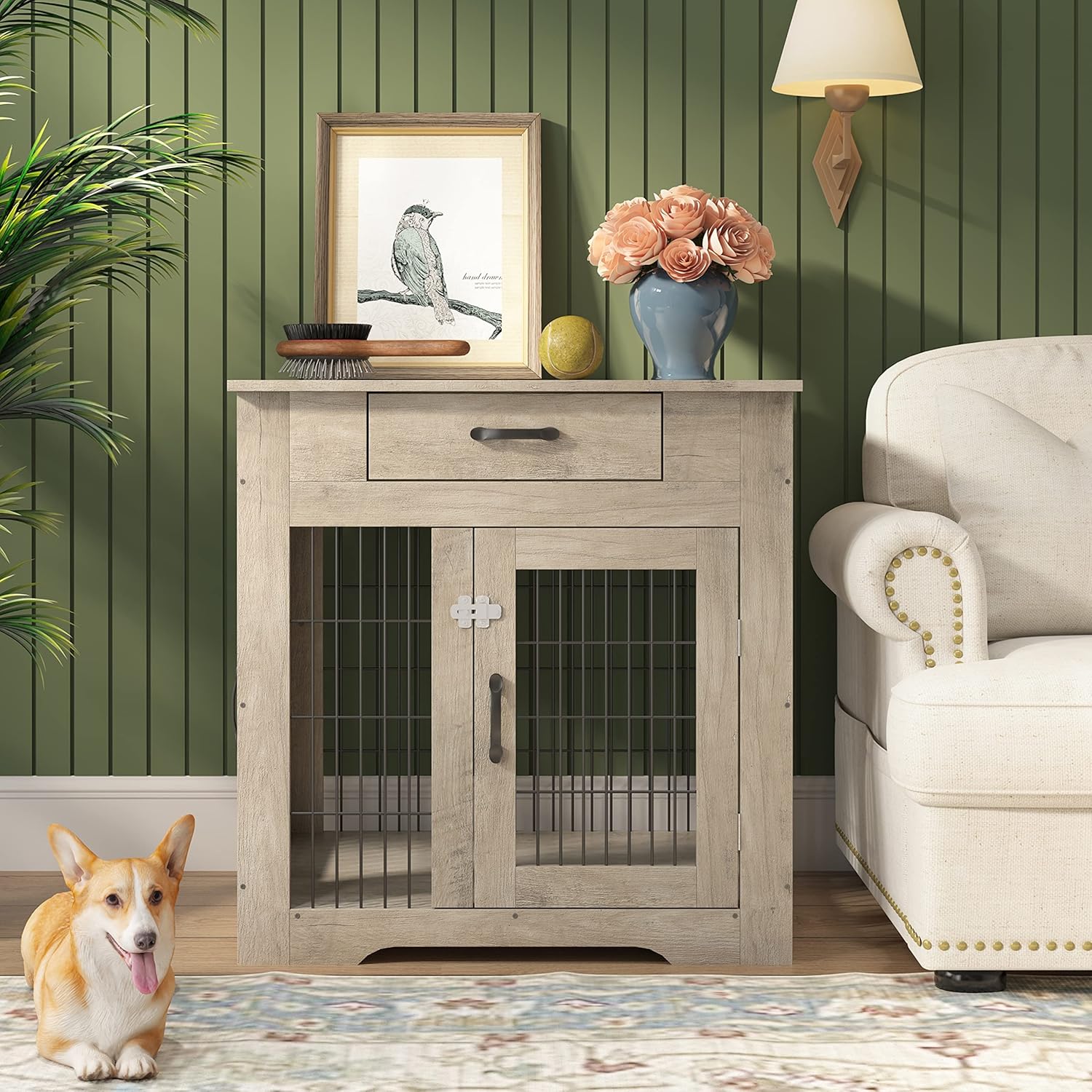 Furniture Style Dog Crate End Table with Drawer, Pet Kennels with Double Doors, Dog House Indoor Use, Dog Kennel for Small, End Table, 29.9'' W x 24.8'' D x 30.71'' H,Gray