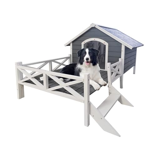 Large Wooden Dog House Outdoor with Porch, 67'' Outside Dog Kennel with Weather-Resistance Roof and PVC Curtain, Wood Pet House Used Indoor Outdoor for Small Medium Dogs Cats Pets