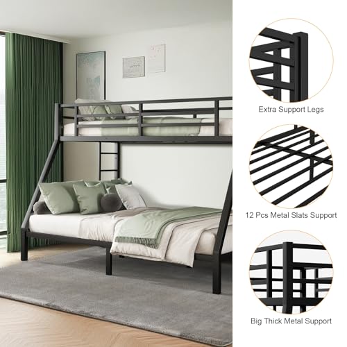 Twin XL Over Twin XL Bunk Bed, Metal Bunk Bed Frame Heavy Duty Bunk Beds Loft Bed Frame with Ladder and Guardrail Metal Slats No Box Spring Required for Adults Teens, Black