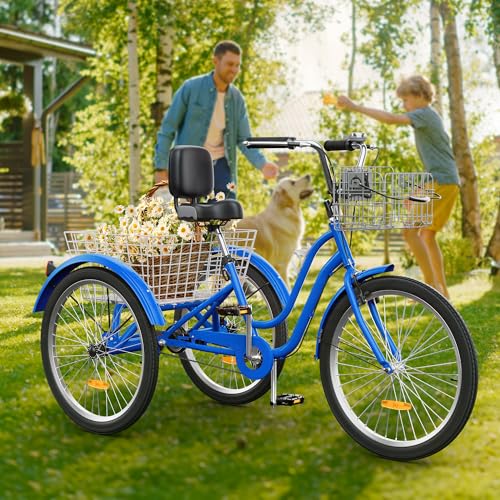 YITAHOME Adult Tricycle, 24 & 26 Inch 3-Wheel Bikes, 1 & 7 Speed Trike for Adults, Low Step-Through Cruiser Bike with Front and Rear Baskets, Large Seat with Backrest for Seniors, Women, Men