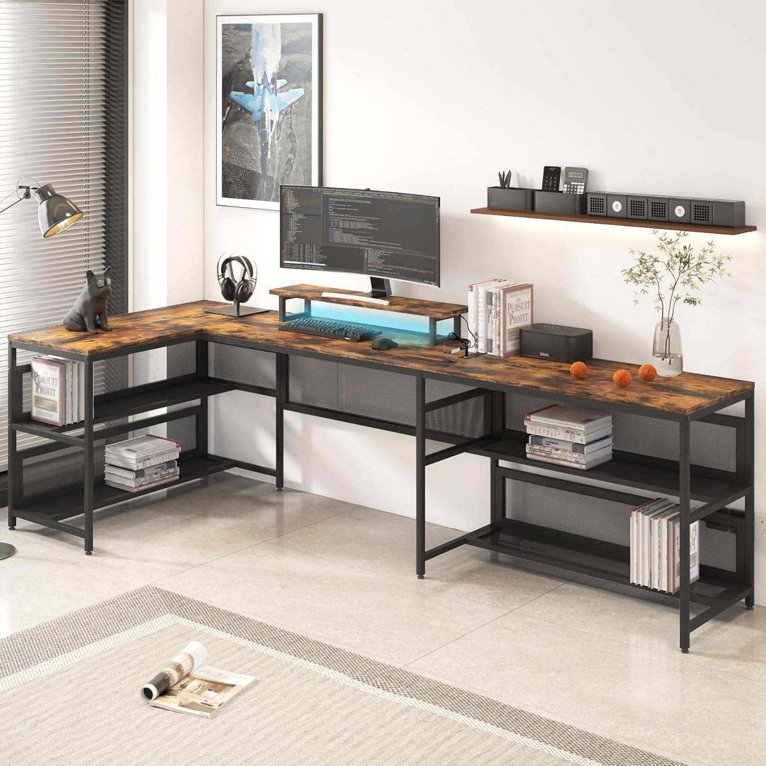 U-Shaped Desk with Shelve and LED Lights