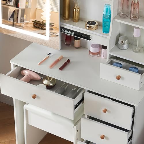 Makeup Vanity with Lights, Makeup Vanity with Sliding Mirror and LED Lights, Vanity Table Set with 5 Drawers and Stool,Shelves,Bedroom Vanity Mirror with Lights Desk and Chair,White