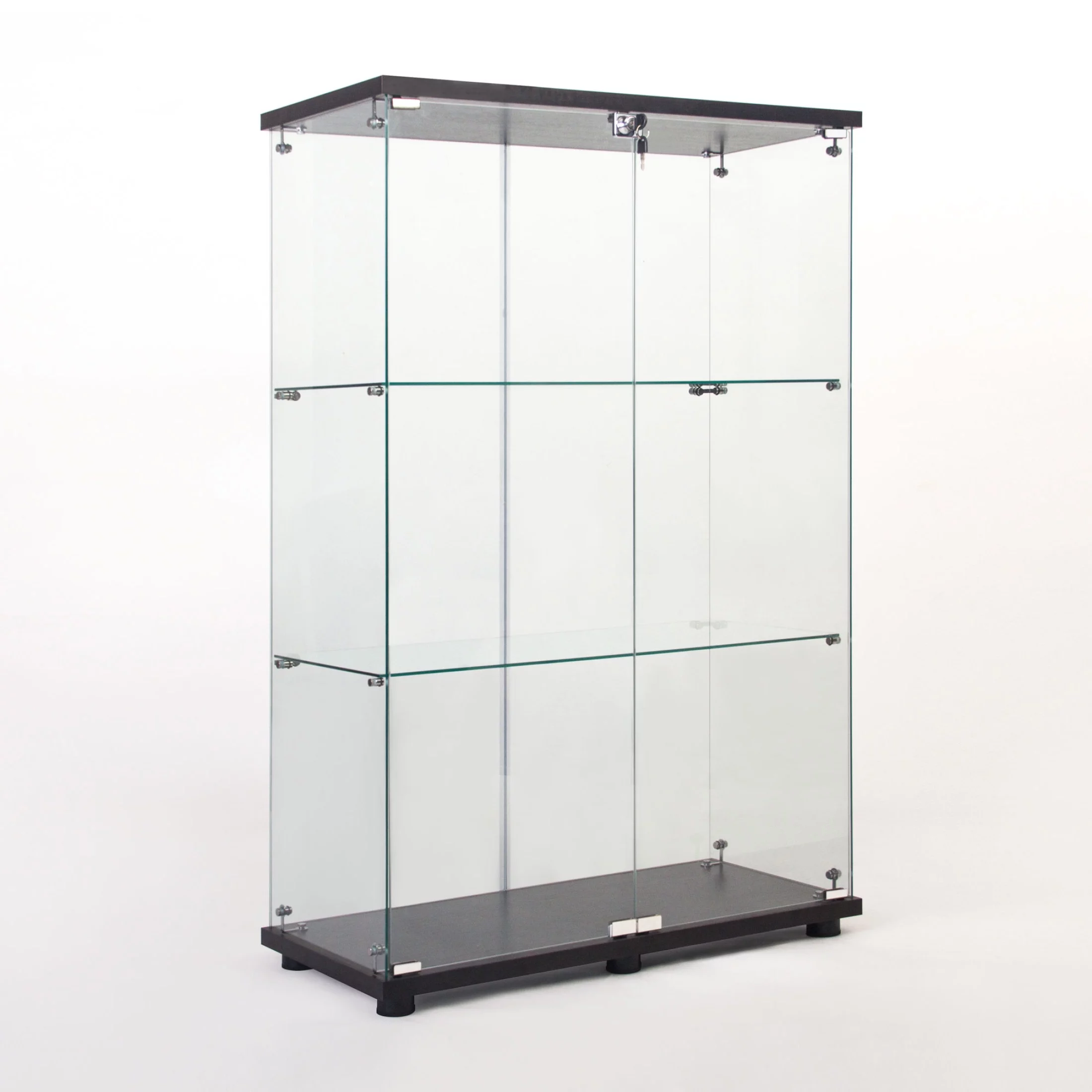 Two-door 3 Shelves Glass Display Cabinet with Door, Floor Standing Curio Bookshelf for Living Room Bedroom Office, 49.49” x 31.77”x 14.37”, Black