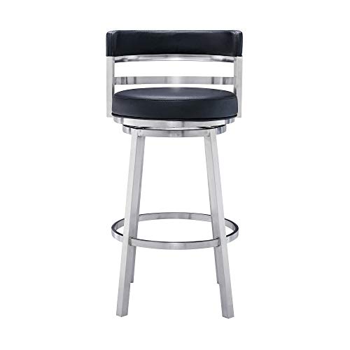 Armen Living Madrid 26" Counter Height Swivel Modern Gray Faux Leather and Brushed Stainless Steel Bar Stool for Kitchen Island Counter