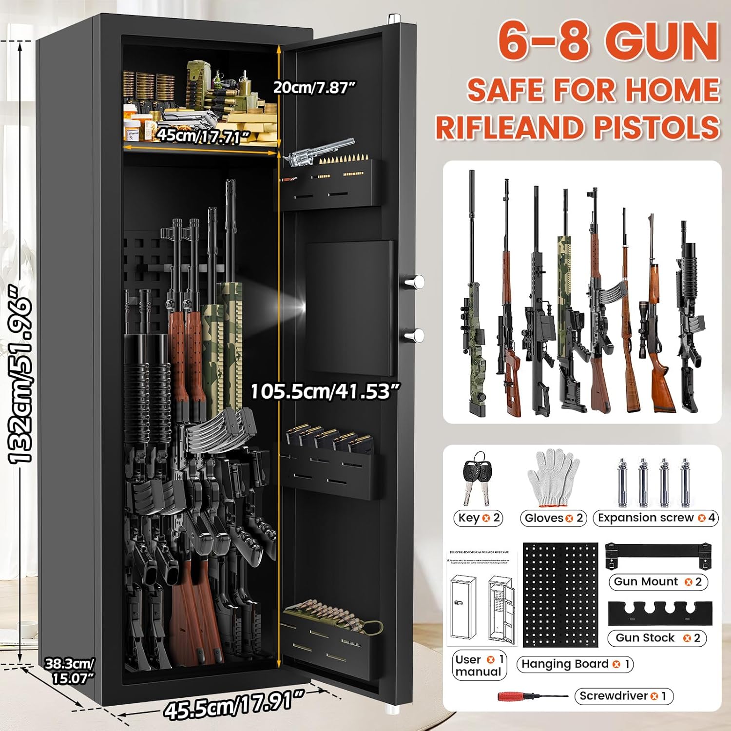 Gun Safe for 6-8 Guns, Gun Safes for Home Rifle and Pistols Fireproof, Rifle Safes for Home with Easy Set up Combination & Spare Keys, Anti-theft Lock and Alarm, Adjustable Racks, Silent Mode