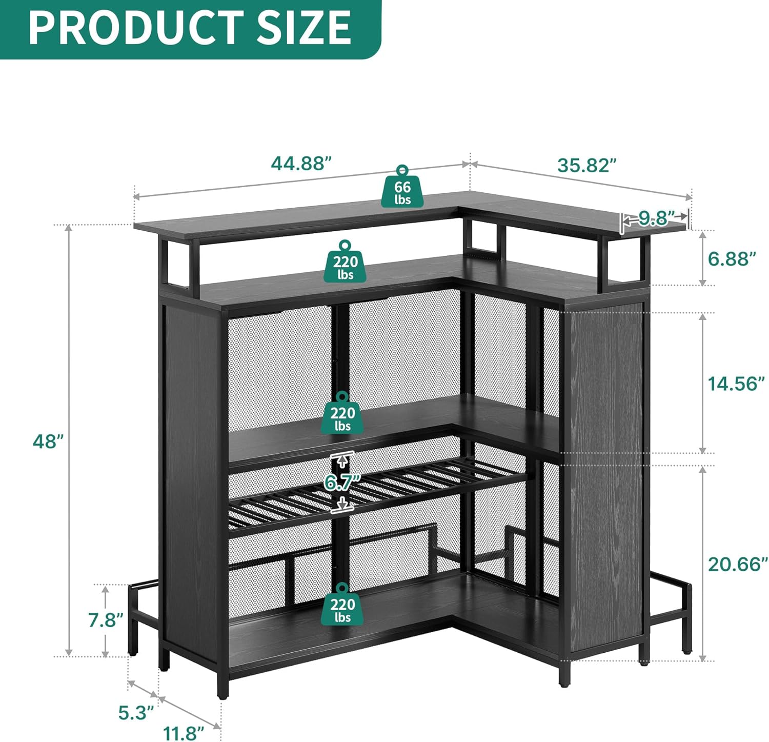 YITAHOME L Shaped Mini Home Bar Unit for Living Room with Music Sensing LED Light, Tall Bars Furniture Table with Wine Rack Alcohol Storage Glasses Hanger Footrest for Kitchen Pub, Black