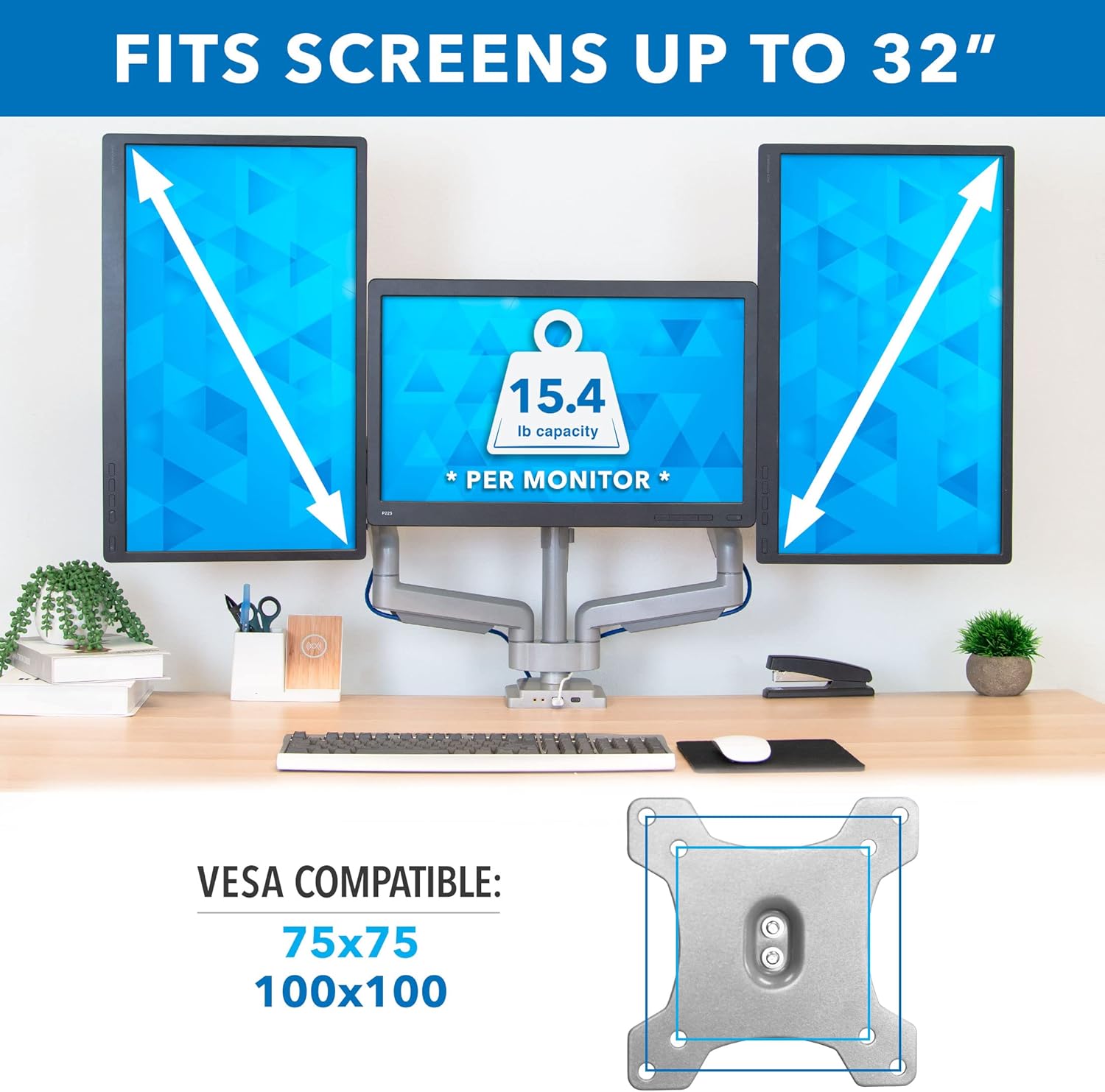 Mount-It! Triple Monitor Mount with USB and Audio Ports, 3 Monitor Desk Mount, Balanced Height Adjustable Triple Monitor Stand for Three Computer Screens 24 27 30 32 Inch VESA Screens, Gaming, Office