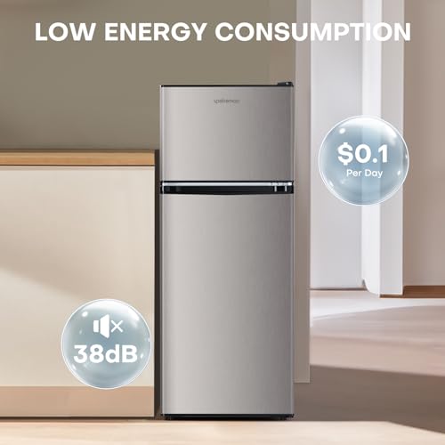 Upstreman 4.0 Cu.Ft. Small Refrigerator with Freezer, Dorm Essentials, Double Door Mini Fridge for Office, Dorm, Bedroom, Adjustable Thermostat, Large Capacity, Black-BR401