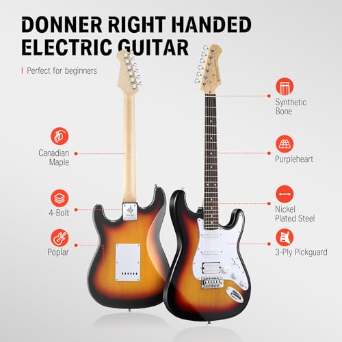 Donner DST-100B 39 Inch Electric Guitar Beginner Kit Solid Body Full Size Black HSS for Starter, with Amplifier, Bag, Digital Tuner, Capo, Strap, String,Cable, Picks