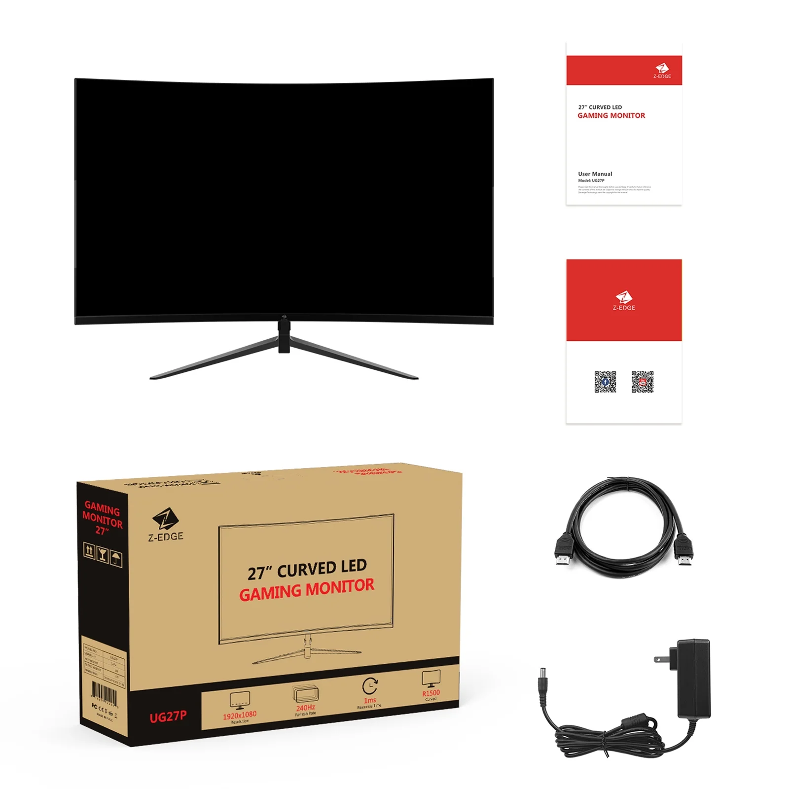 Z-EDGE UG27P 27-Inch Curved Gaming Monitor 240Hz 1ms Full HD 1920x1080 LED Monitor HDMI DP Port