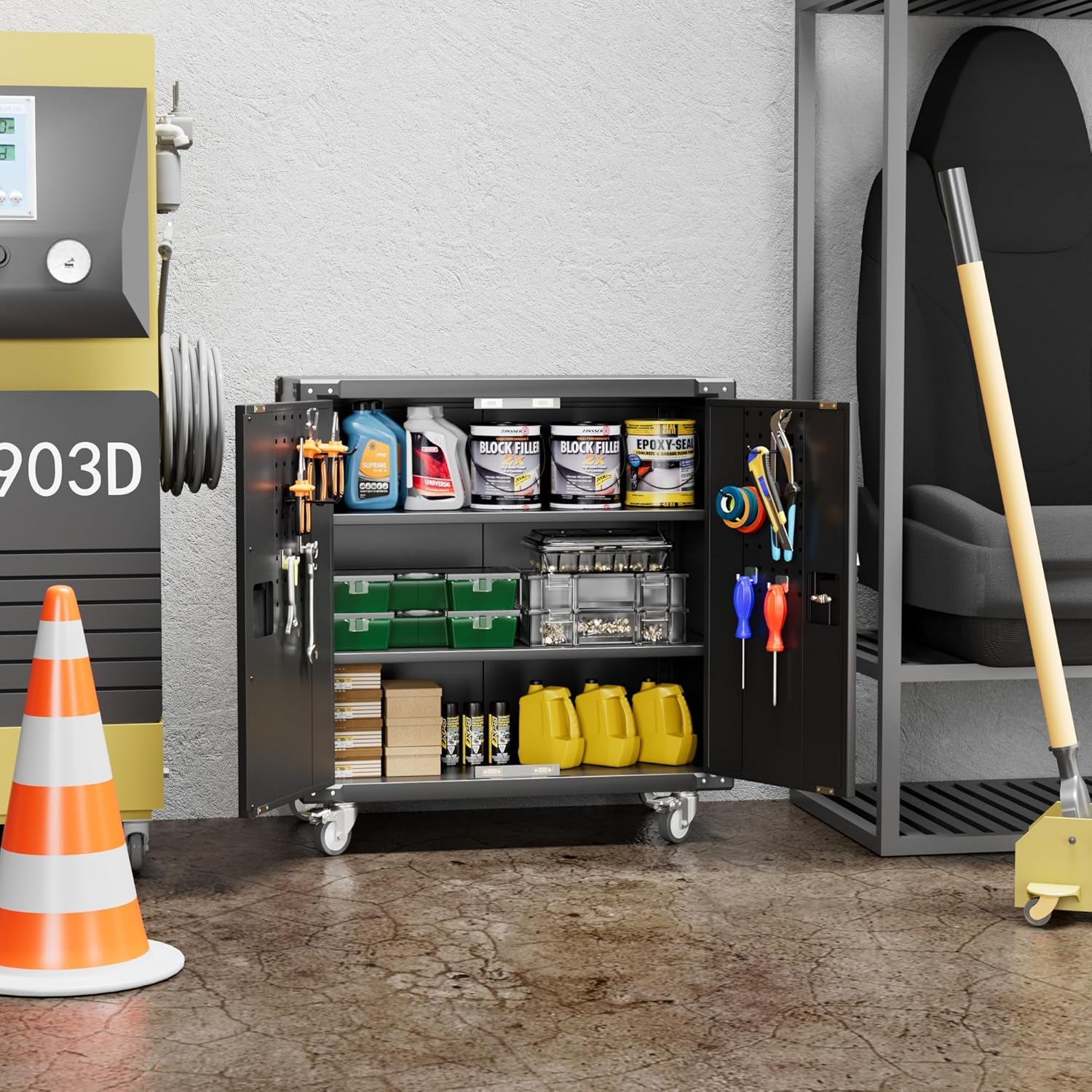 Aobabo Metal Garage Storage Cabinet with Wheels,Steel Storage Cabinet with Pegboard and 4 Hooks for Garage,Home Storage,Assembly Required (Black)