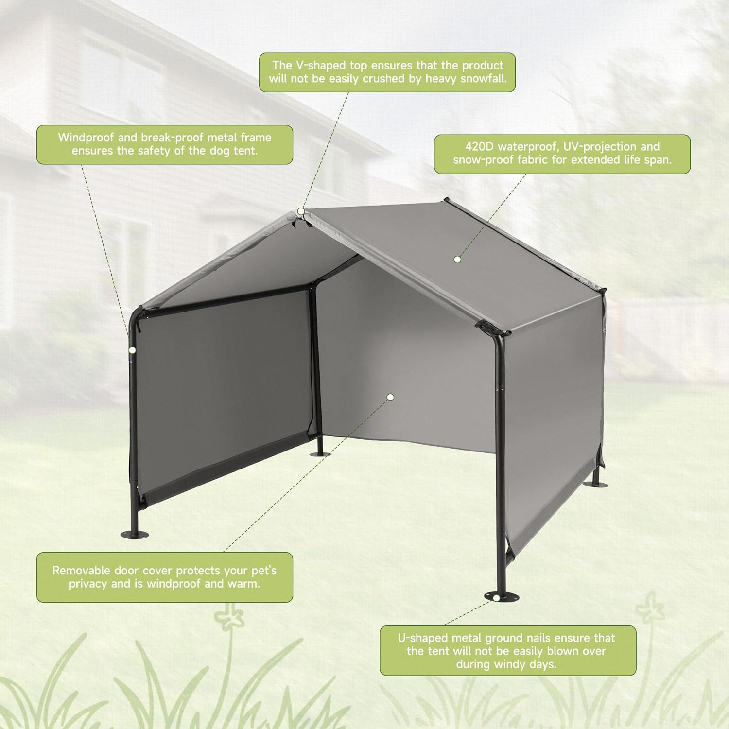 Dog Shade Shelter Outdoor Tent for Large Medium Dogs, Outside Sun Rain Canopy Pet House for Homeless Cats Pigs Livestock with Waterproof Roof Rainproof Cover & Artificial Grapevine Leaves
