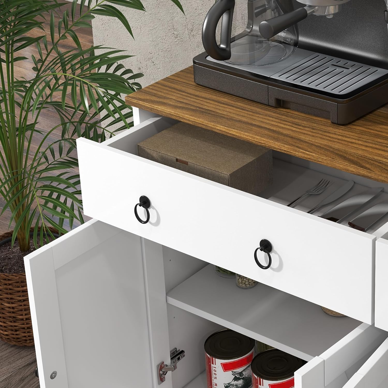 HOMCOM Sideboard Buffet Cabinet with Storage, 48" Kitchen Storage Cabinet with 2 Drawers and 4 Barn Doors, Farmhouse Coffee Bar Cabinet, Buffet Table with Wood Grain Top, White