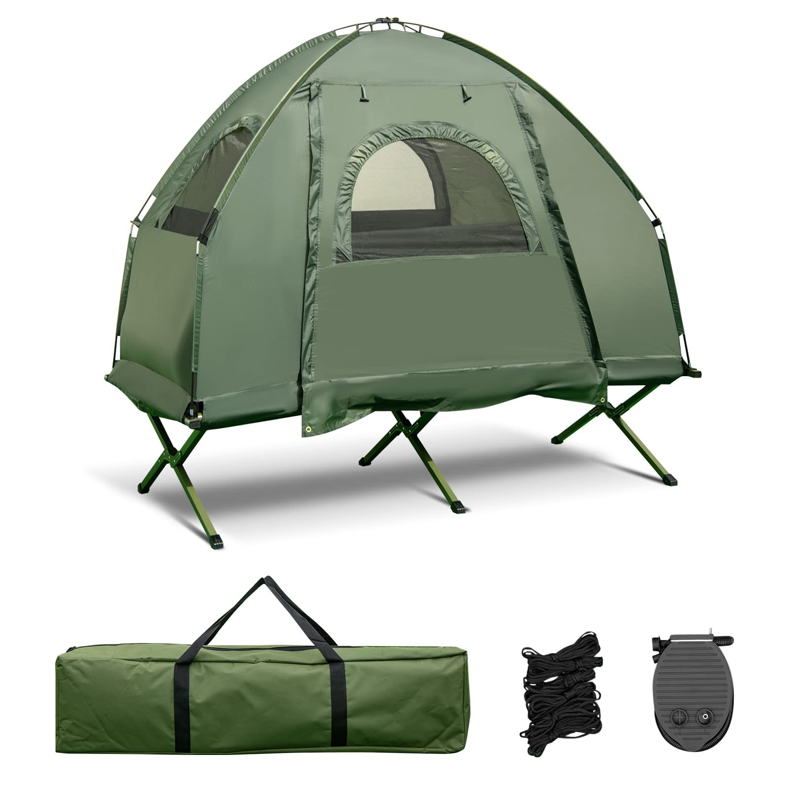 1-Person 5-in-1 Tent Cot, Camping Cot Tent with Air Mattress, Sleeping Bag, Camping Cot, Awning & Air Pillow, Carrying Bag, Off The Ground Tent, Elevated Tent Cot for Camping Hiking Picnic Travel