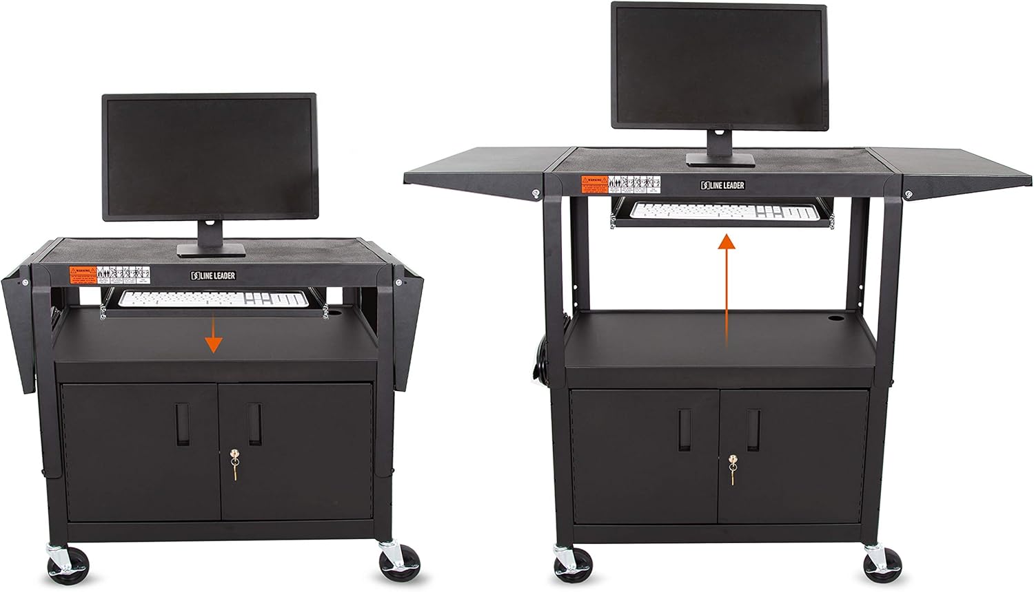 Line Leader Large AV Cart with Locking Cabinet & Drop Leaves | Height Adjustable Utility Cart | Includes Pullout Keyboard Tray & Cord Management | Easy Assembly (54in x 18in x 42in / Black)