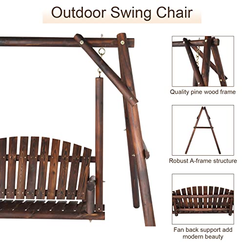 6.5' Outdoor Porch Swing Rustic Loveseat Solid Wooden Natural Log Garden Swing (Carbonized)