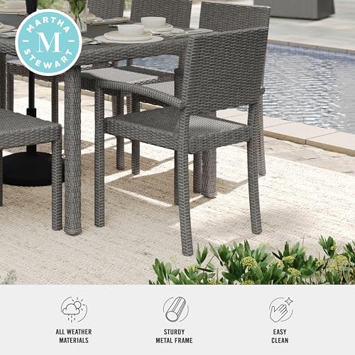Martha Stewart Bedford Indoor-Outdoor Stackable Patio Armchairs with Rattan Wicker Finish in Brown, Set of 2