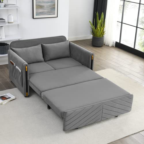 54" Modern Velvet Convertible Sofa Bed with 2 Detachable Arm Pockets, Velvet Loveseat Multi-position adjustable Sofa, Pull Out Bed with Bedhead, Sofa Sleeper with 2 Pillows for Living Room, Gray