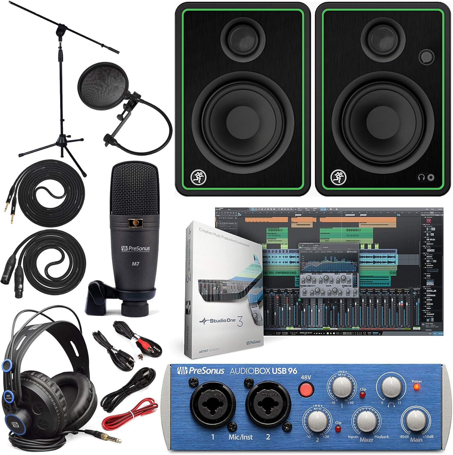 PreSonus AudioBox 96 Audio Interface Full Studio Bundle with Studio One Artist Software Pack with Mackie New! CR3-X BT Creative Multimedia Bluetooth Monitors and 1/4” Instrument Cables