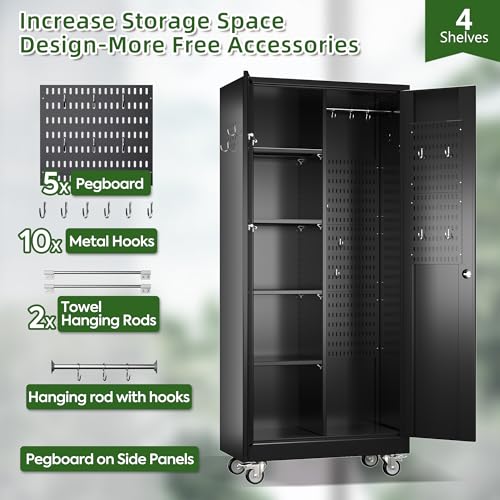 73" H Metal Storage Cabinet with Wheels, Garage Storage Cabinet with 4 Adjustable Shelves and Lockable Doors for Garage Home Office Utility Room,Required Assembly,Black