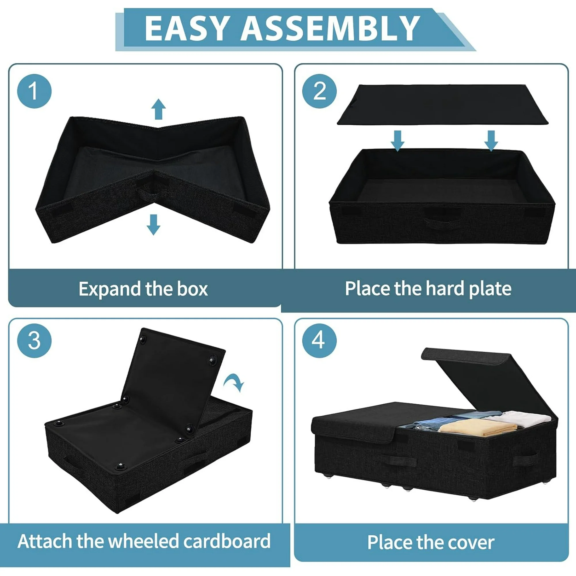 Under Bed Storage Container with Wheels, 2 Pack 5.5 High Deep Underbed Rolling Box Storage Bins Drawers with Lids for Bedroom, Dorms, Clothes, Shoes, Blankets, No Assemble Required, Black