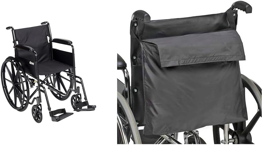 Drive Medical Silver Sport 1 Folding Wheelchair with Full Arms and Swing-Away Footrest + DMI Wheelchair Storage Bag