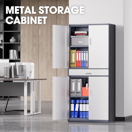 DNA MOTORING 71'' Metal Storage Cabinet, Locking Tool Cabinet with 1 Drawer and Adjustable Shelves, Lockable Heavy Duty Metal Locker for Garage,Office,Home,Gym, Gray, TOOLS-00629-GY-GY-A