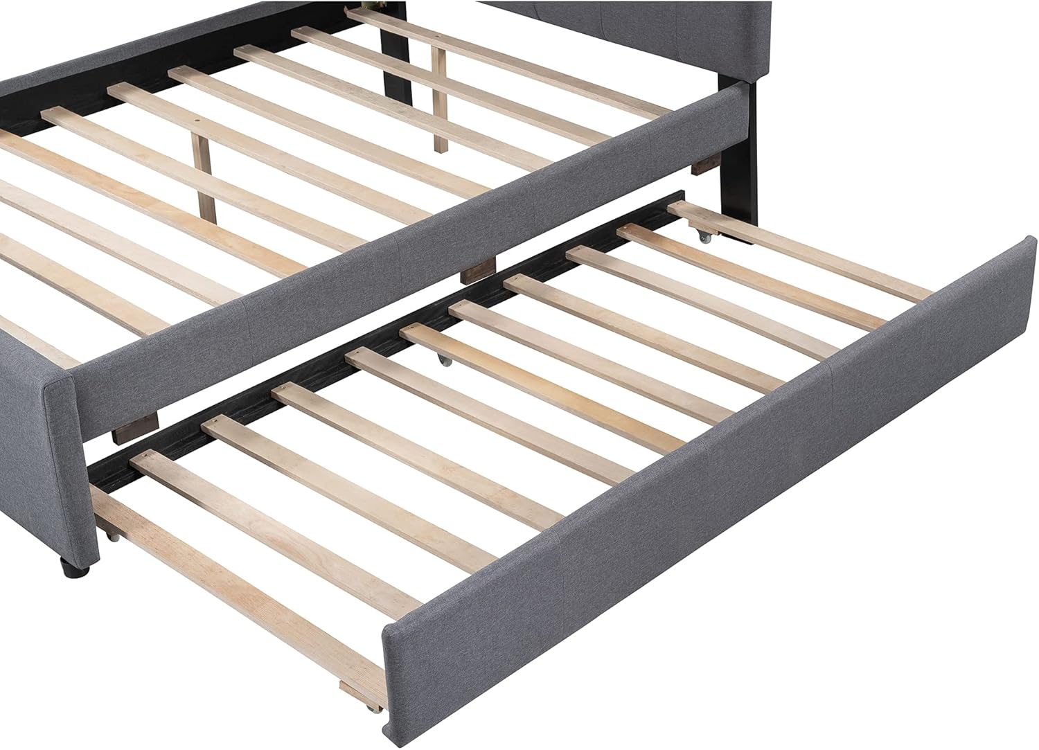 Bellemave Upholstered Full Size Platform Bed Frame with Trundle and Headboard, Linen Fabric Simple Style, Solid Wooden Slats Support, No Box Spring Needed, Grey