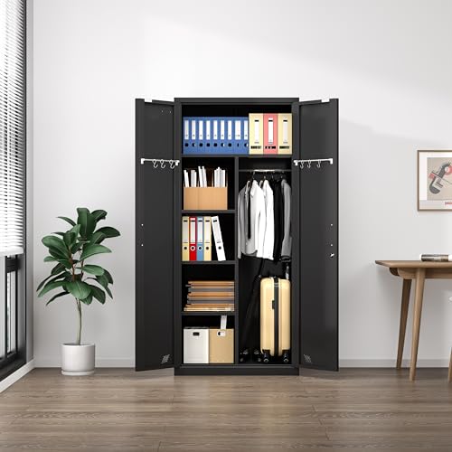 71" Armoire Wardrobe Closet with 2 Doors & 2 Drawers, Metal Storage Cabinet with Drawers and Hanging Rod, Metal Closet Organizers for Home, Office,Gym(White)