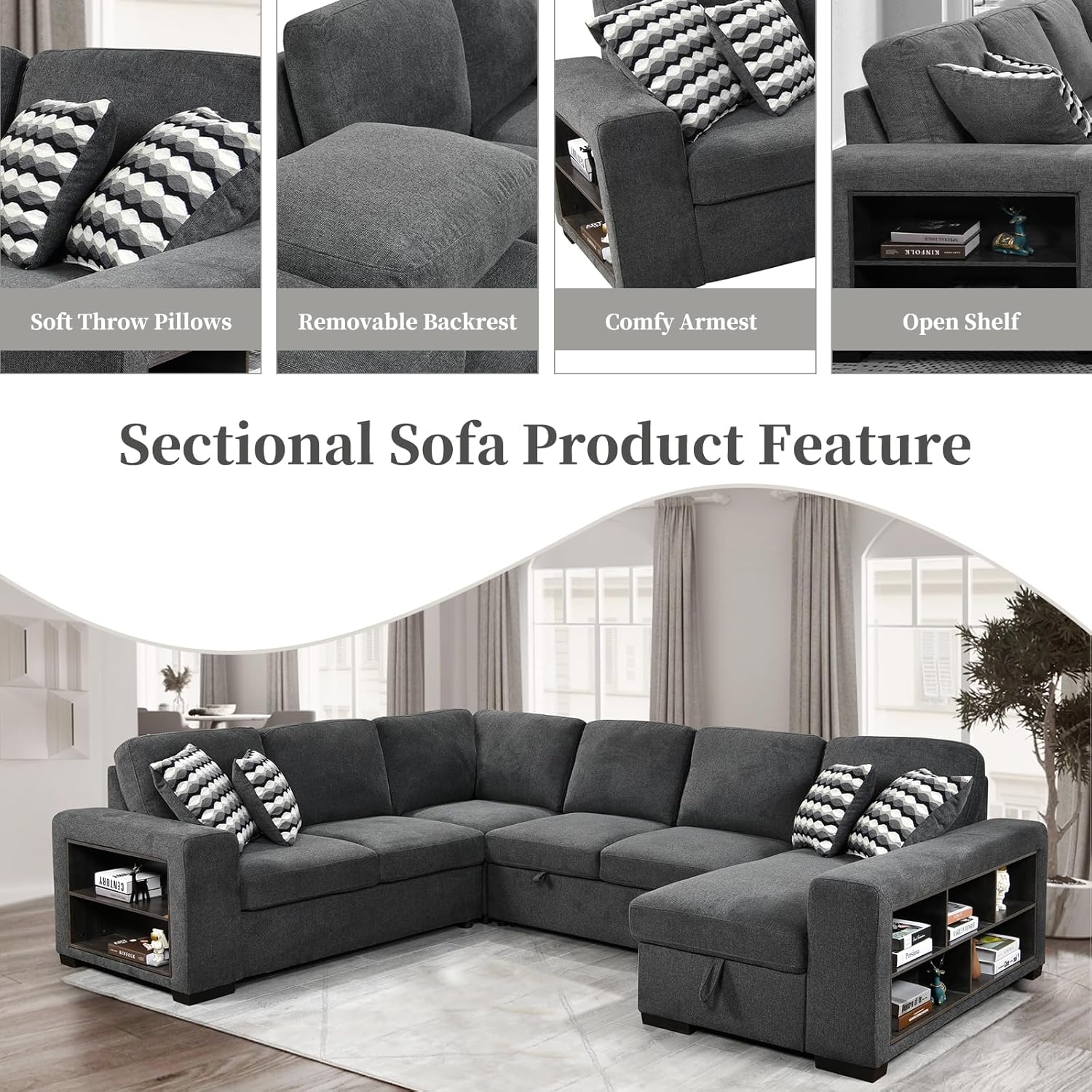 Sectional Modern Sofa Couch with Storage Cabinet 125" U Shape Oversized Sectional Sofa Bed Couches Adjustable Headrest Sleeper Sofa for Living Room,Large Space Dorm,Grey