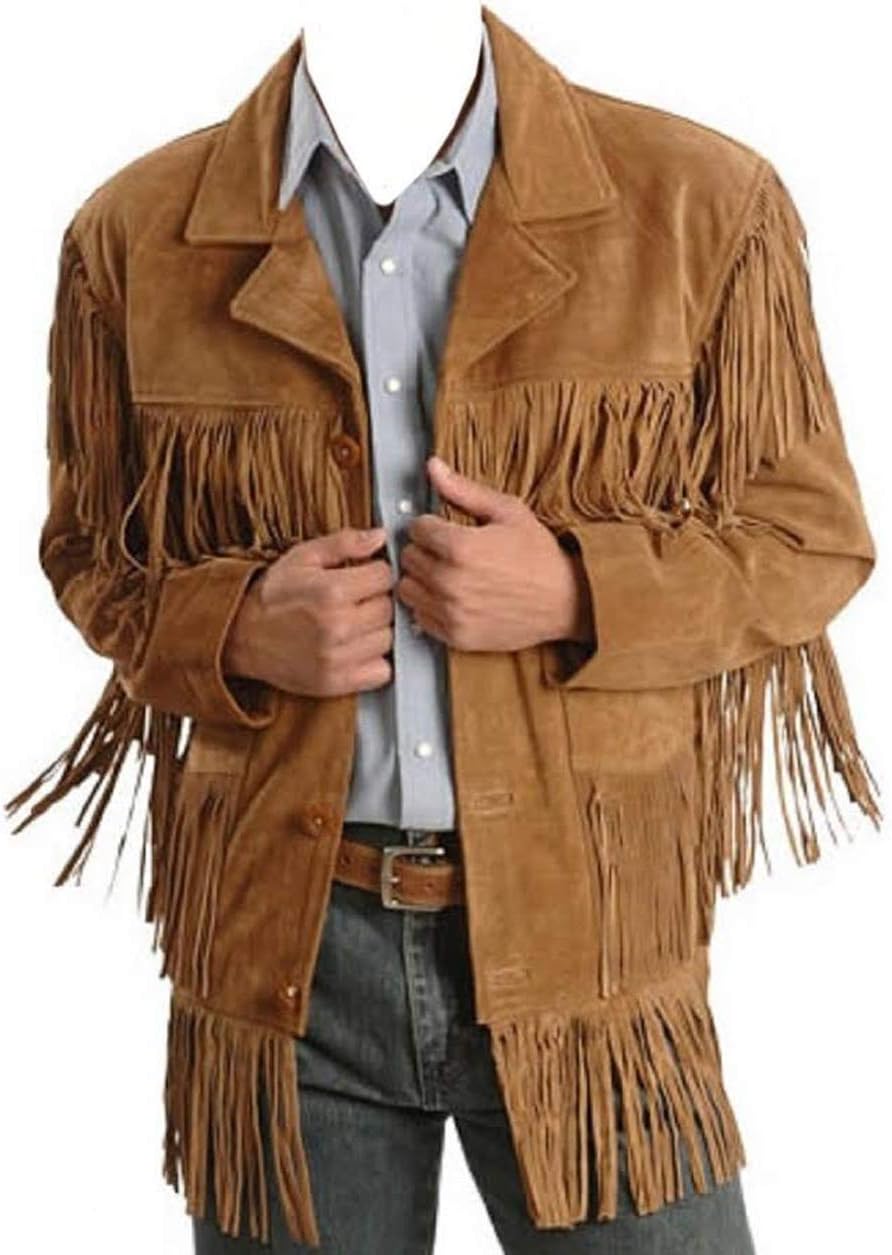 Men's Traditional Cowboy Western Leather Jacket Brown Coat with Fringe Native American Jacket Suede-L
