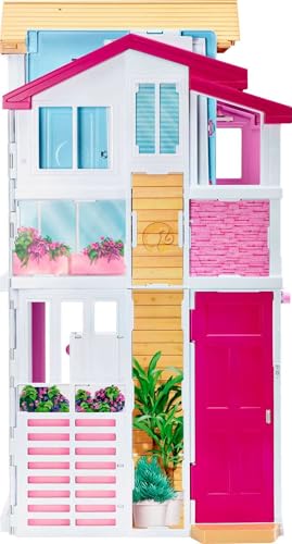 Barbie Doll House Playset, 3-Story Townhouse with 4 Rooms & Rooftop Lounge, Furniture & Accessories Including Swinging Chair (Amazon Exclusive)