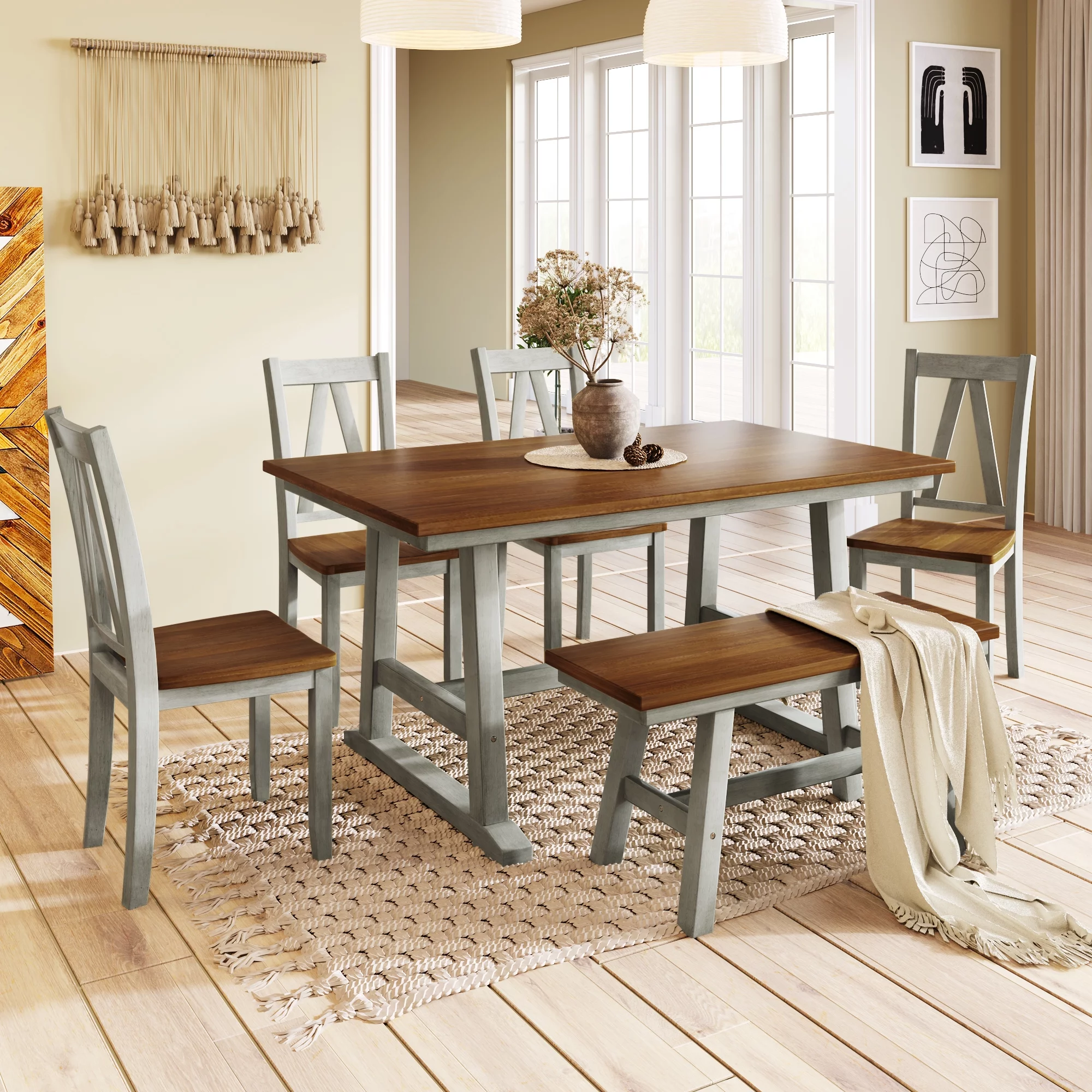 6 Piece Farmhouse Style Solid Wood Dining Room Set with Long Bench and 4 Dining Chairs, Rustic Farmhouse Kitchen Table Set with Bench and 4 Chairs, 36” x 60” Rectangle Table(Walnut+Gray)