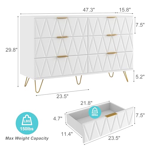 Vibe & Dine White 6 Drawer Dresser for Bedroom, Modern Double Dresser with Gold Handles and Legs, Wood Chest of Drawers with Wide Storage for Closet, Living Room, Hallway