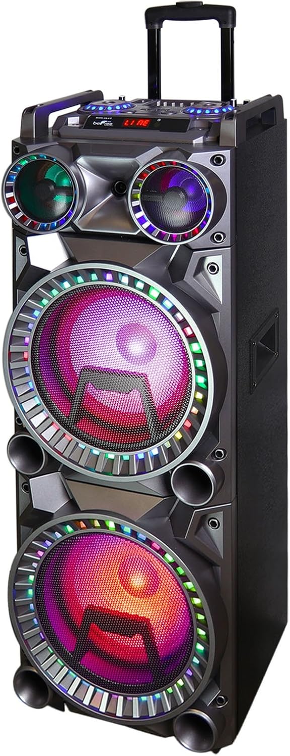 beFree Sound Dual 10 Inch Subwoofer Bluetooth Portable Party Speaker with Sound Reactive Party Lights, USB/SD Input, Rechargeable Battery, Remote Control and 2 Wireless Microphones