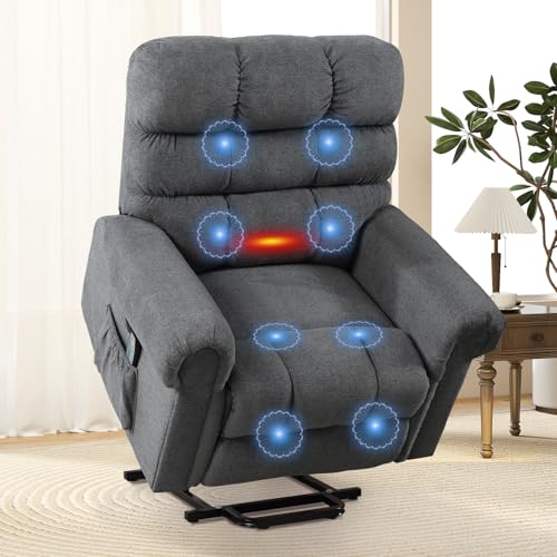 ANJ Large Power Lift Recliner Chair with Massage and Heat for Elderly Big People, Electric Wide Recliners, Heavy Duty and Safety Motion Fabric Reclining Mechanism with USB Ports, Side Pocket, Camel