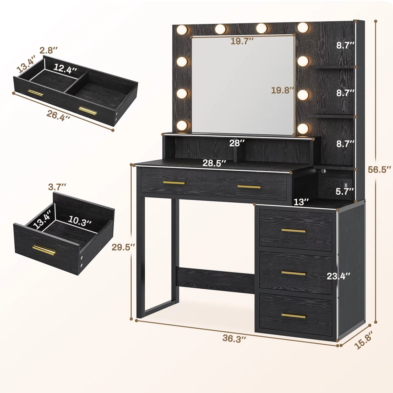 Modern Makeup Vanity, Vanity Desk with Mirror and 3 Lighting Modes, Vanity Table with Charging Station, Black