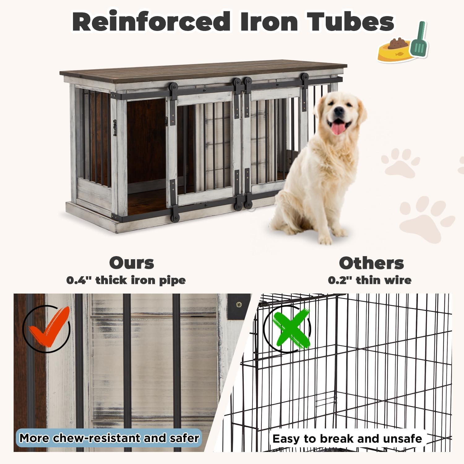Solid Wood Dog Crate Furniture, 62.5'' Wooden Dog Crate with Removable Divider, Indoor Dog Kennel TV Cabinet, Dog Crates Furniture for 2 Small Medium Dogs, White