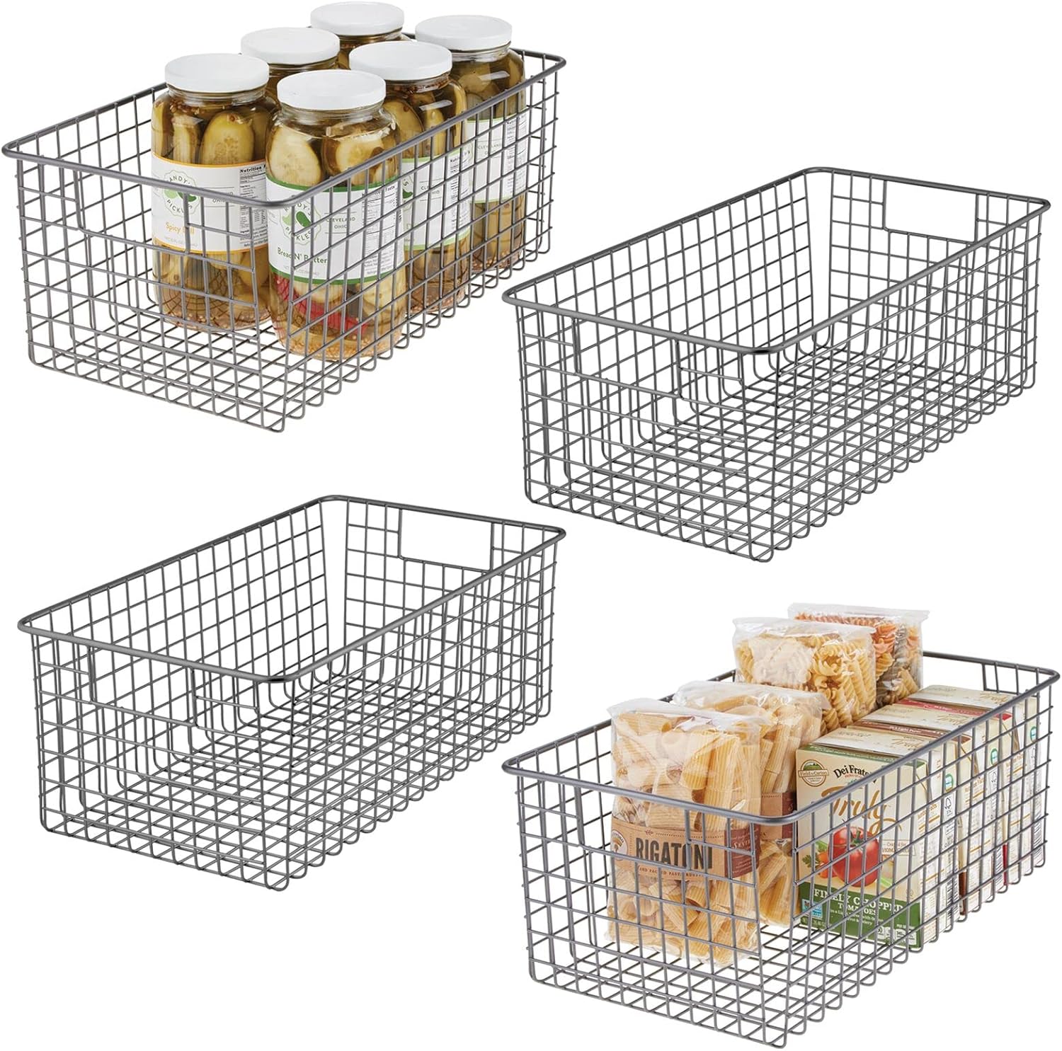 mDesign Household Metal Wire Cabinet Organizer Storage Organizer Bins Baskets trays - for Kitchen Pantry Pantry Fridge, Closets, Garage Laundry Bathroom - 16 x 9 x 3 - 4 Pack - Satin
